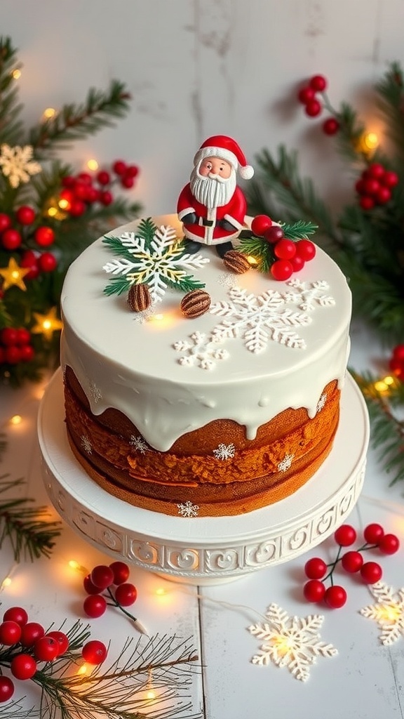 A unique Christmas cake with fondant decorations, snowflakes, and a Santa figurine, surrounded by festive decorations.